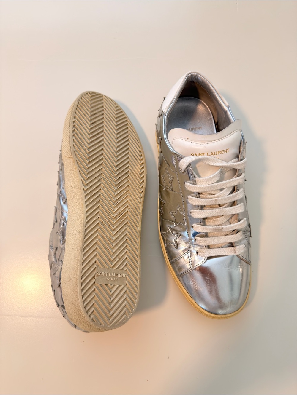 Saint Laurent Silver Star Embellished Low Top Sneakers - Size 42.5